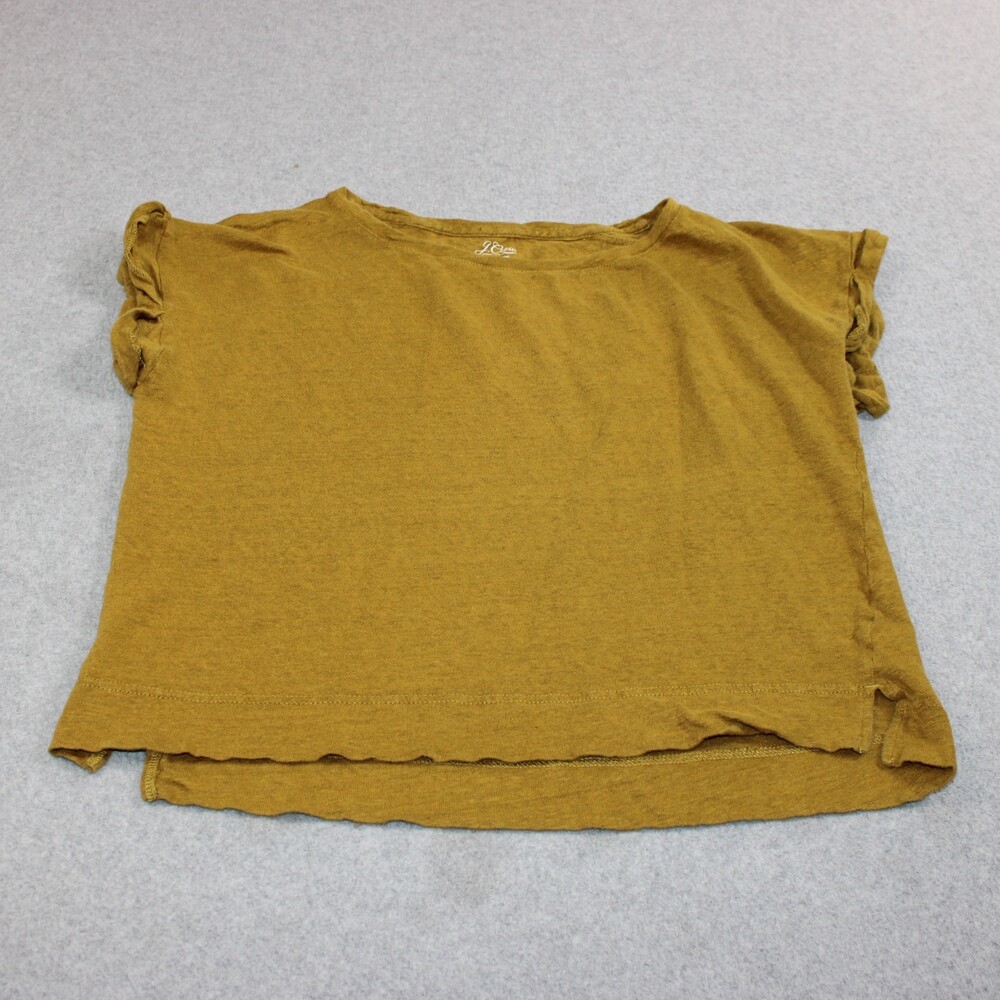 J Crew Linen Shirt Women Medium Yellow Short Sleeve Tee Coastal Lightweight Crop